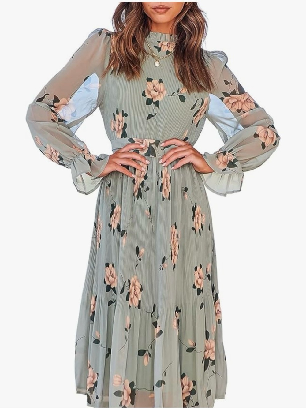 Floral Ruffle Neck Midi Dress - Sage Green